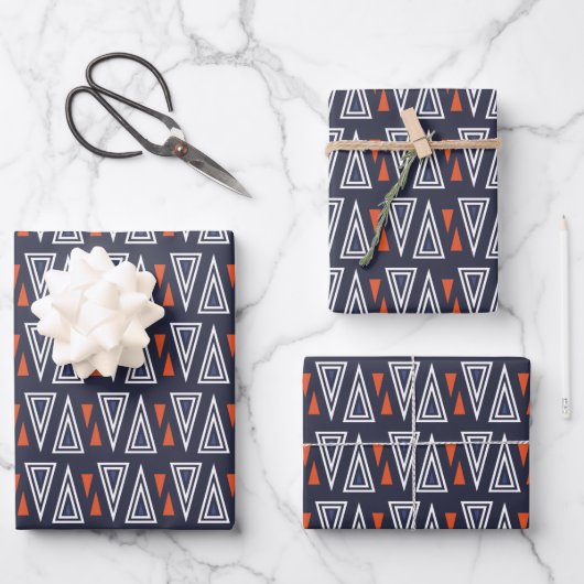 Dark Blue and Red Geometric Triangles Pattern Inpakpapier Vel (Voorkant)