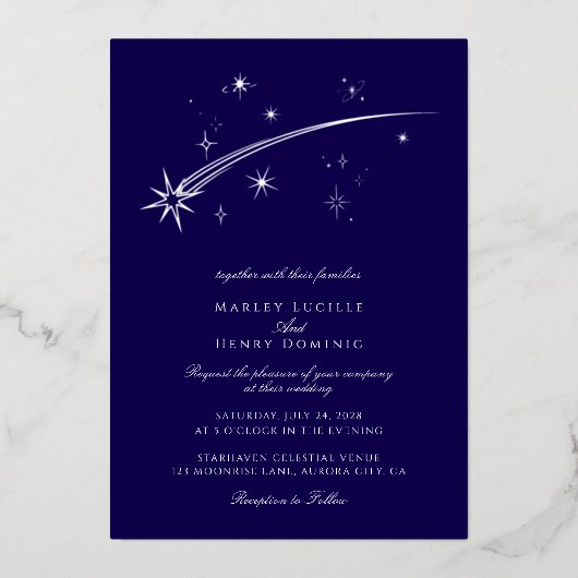 Dark Blue and White Celestial Wedding Silver Folie Uitnodiging (Voorkant)