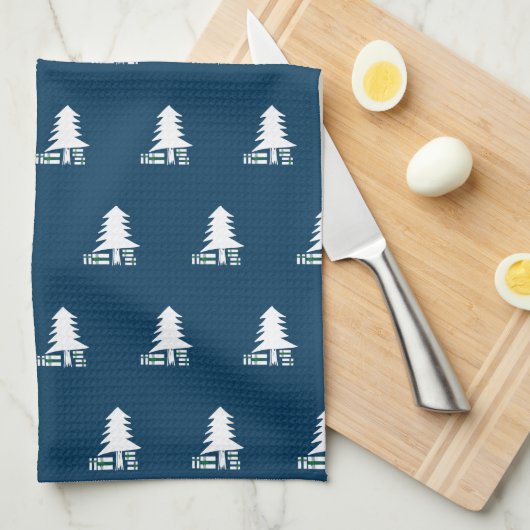 Dark Blue and White Christmas Tree Design Theedoek (Quarter Fold)