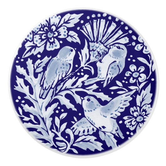 Dark Blue Bird Woodland Animal Floral Cobalt Navy Keramische Knop (Voorkant)