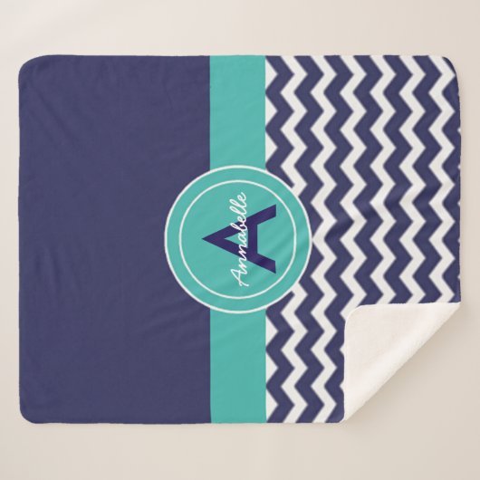 Dark Blue Blauwgroen Chevron Sherpa Deken (Voorkant (horizontaal))