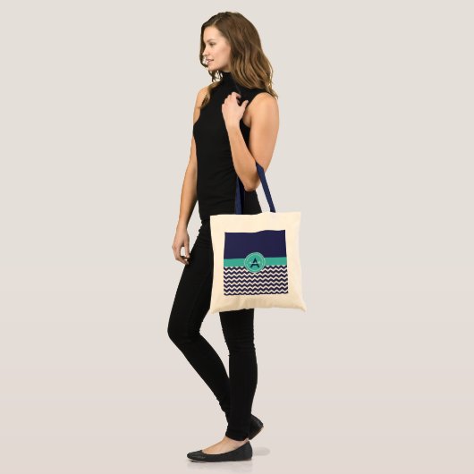 Dark Blue Blauwgroen Chevron Tote Bag (Voorkant (model))