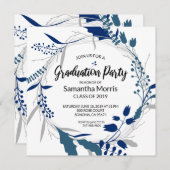 Dark Blue Boho Floral Wreath Graduation Party Kaart (Voorkant / Achterkant)