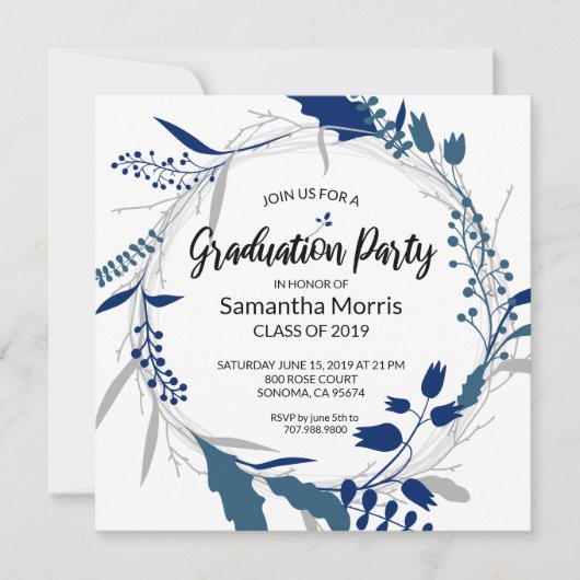 Dark Blue Boho Floral Wreath Graduation Party Kaart (Voorkant)