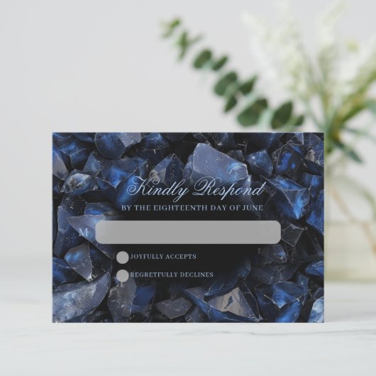 Dark Blue Boho Witch Crystals Black Wedding RSVP Kaartje (Staand voorkant)