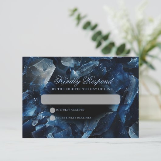 Dark Blue Boho Witch Crystals Black Wedding RSVP Kaartje (Staand voorkant)