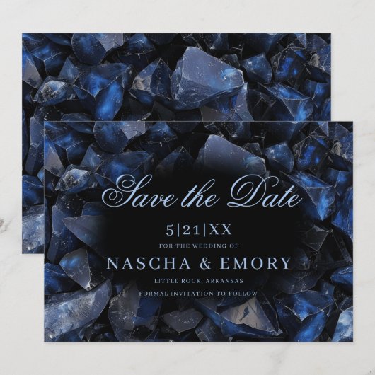 Dark Blue Boho Witch Crystals Black Wedding Save The Date (Voorkant / Achterkant)