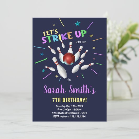 Dark Blue Bowling Birthday Invitations Kaart (Staand voorkant)
