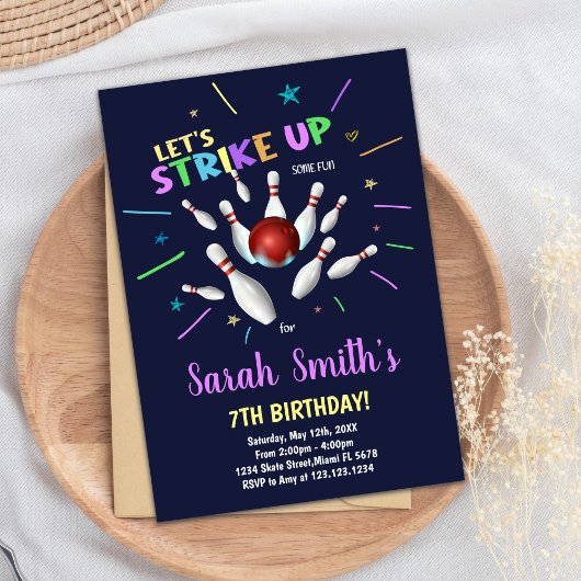 Dark Blue Bowling Birthday Invitations Kaart