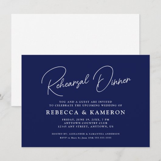 Dark Blue Budget Script Rehearings Dinner Kaart (Voorkant / Achterkant)