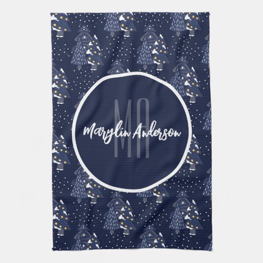 DARK BLUE CHRISTMAS WINTER FOREST MONOGRAM THEEDOEK (Verticaal)