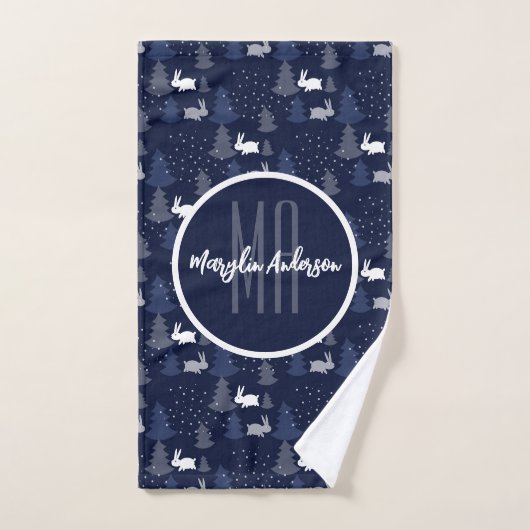 DARK BLUE CHRISTMAS WINTER TREES EN BUNNIES BAD HANDDOEK (Handdoek)