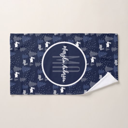 DARK BLUE CHRISTMAS WINTER TREES EN BUNNIES BAD HANDDOEK (Handdoek)
