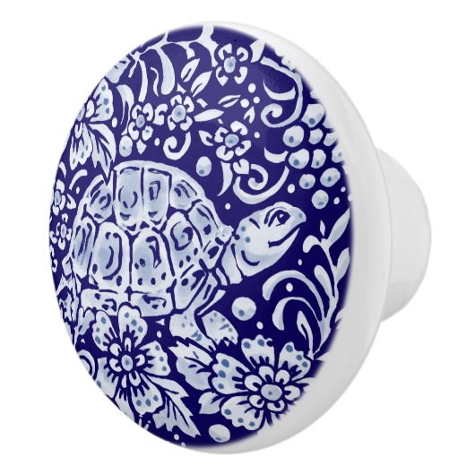 Dark Blue Cute Turtle Woodland Animal Floral Keramische Knop (Rechts)