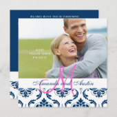 Dark Blue Damask Monogram Foto Weddenschap Kaart (Voorkant / Achterkant)
