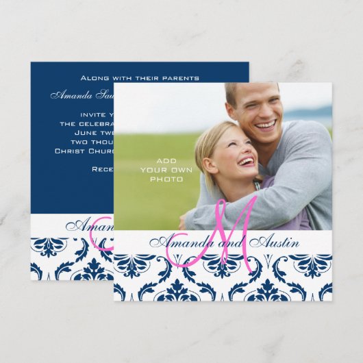 Dark Blue Damask Monogram Foto Weddenschap Kaart (Voorkant / Achterkant)