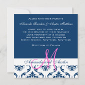 Dark Blue Damask Monogram Foto Weddenschap Kaart (Achterkant)