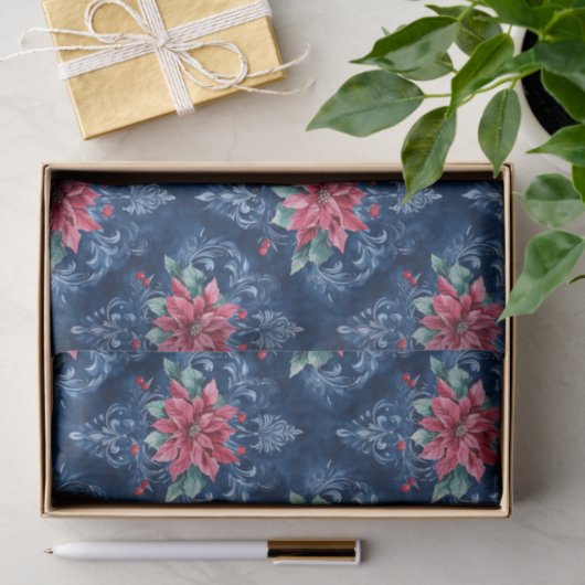 Dark Blue Damask with Red Poinsettia Flowers Tissuepapier (Geschenk)