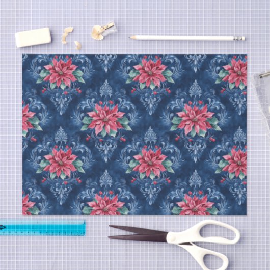 Dark Blue Damask with Red Poinsettia Flowers Tissuepapier (Craft)