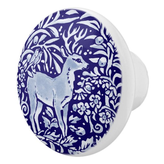 Dark Blue Deer Buck Bird Woodland Animal Floral Keramische Knop (Rechts)