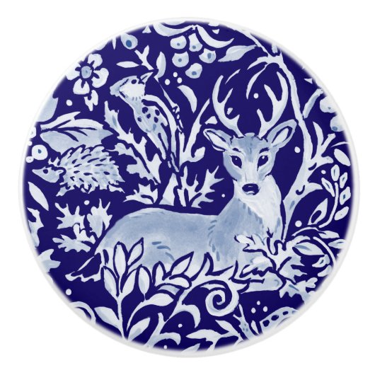 Dark Blue Deer Hedégel Woodland Animal Floral Keramische Knop (Voorkant)