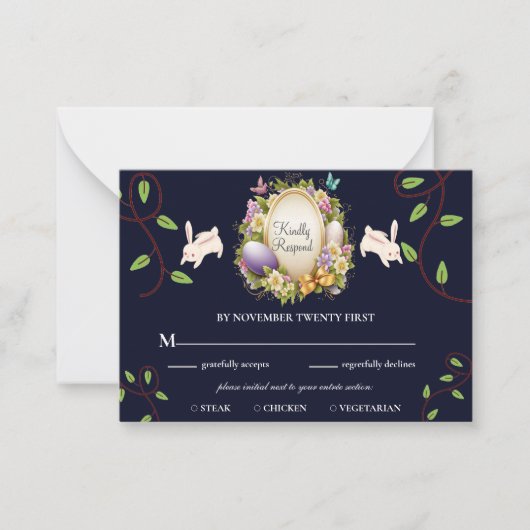 Dark Blue Easter Vibe Forest Bunny RSVP Notitiekaartje (Voorkant)