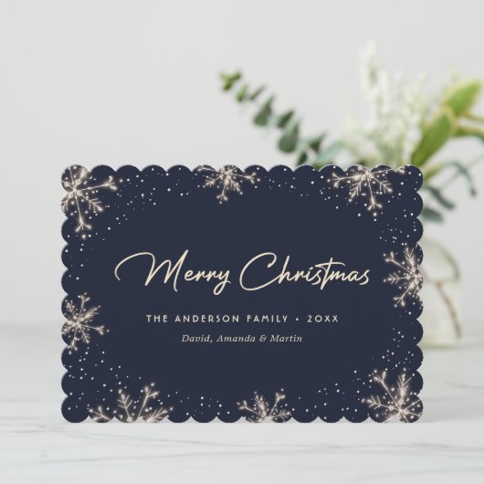 Dark Blue Elegant Modern Snowflake Christmas Card Feestdagenkaart (Staand voorkant)