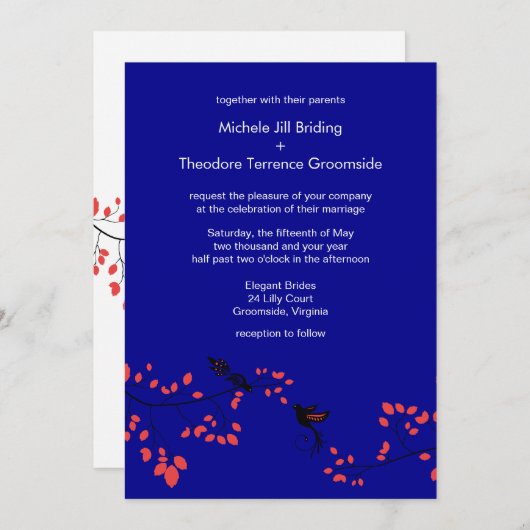 Dark Blue Elegant Spring Weddings Custom Invitatio Kaart (Voorkant / Achterkant)