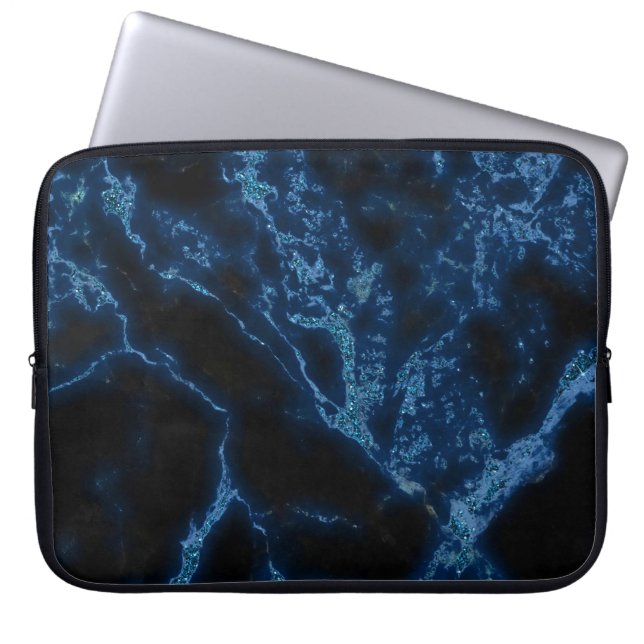 Dark Blue en Blue Glitter Marble Stone Pattern Laptop Sleeve (Voorkant)