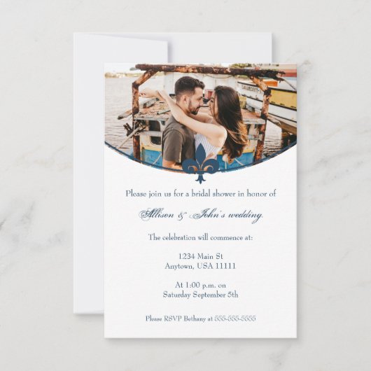 Dark Blue Fleur de Lis Photo Vrijgezellenfeest nod Kaart (Voorkant)