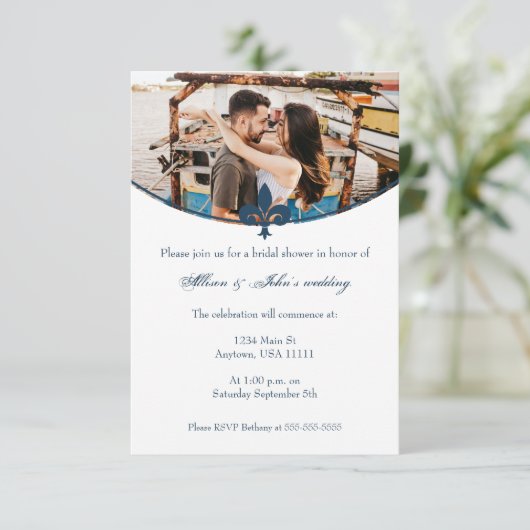 Dark Blue Fleur de Lis Photo Vrijgezellenfeest nod Kaart (Staand voorkant)