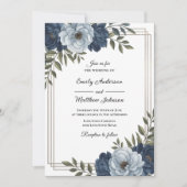 Dark Blue Floral Frame Wedding Invitation Kaart (Voorkant)