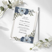 Dark Blue Floral Frame Wedding Invitation Kaart