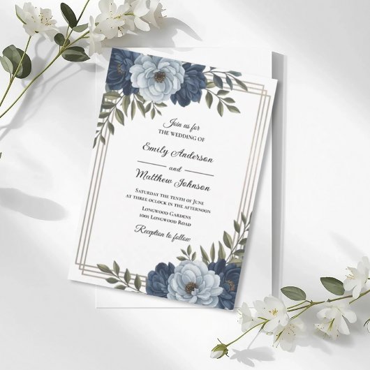Dark Blue Floral Frame Wedding Invitation Kaart