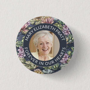 Dark Blue Floral Photo Funeral Button