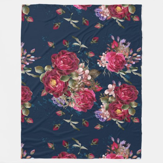 Dark Blue Floral Roos Fleece Blanket Deken (Voorkant)
