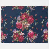 Dark Blue Floral Roos Fleece Blanket Deken (Voorkant (Horizontaal))