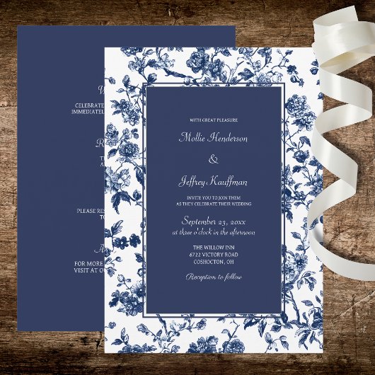 Dark Blue Floral Wedding  Kaart