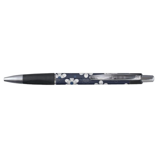 Dark Blue Flowers and Dots Pattern Personalised Pen (Achterkant)