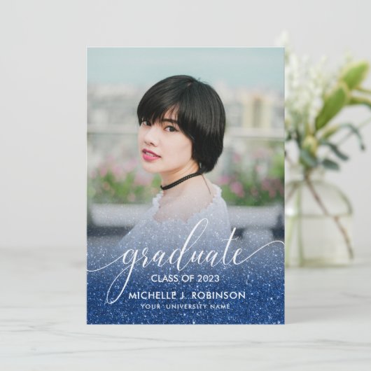 Dark Blue Glitter Ombre Girly Foto Afstuderen Aankondiging (Staand voorkant)