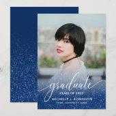 Dark Blue Glitter Ombre Girly Foto Afstuderen Aankondiging (Voorkant / Achterkant)