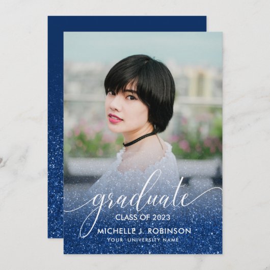 Dark Blue Glitter Ombre Girly Foto Afstuderen Aankondiging (Voorkant / Achterkant)