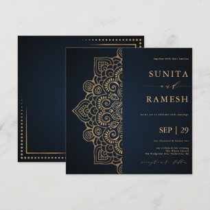 Dark Blue Gold Elegant Mandala Indian Wedding Kaart