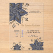 Dark Blue & Gold Midnight Sparkle Stars New Year Acryl Uitnodigingen (Voorkant)