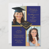 DARK Blue & Gold Photo Afstuderen Invitation Kaart (Voorkant)