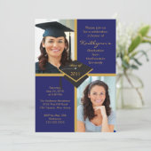 DARK Blue & Gold Photo Afstuderen Invitation Kaart (Staand voorkant)