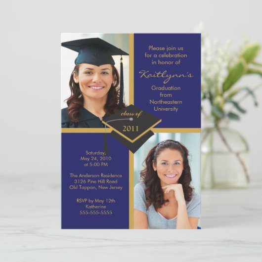 DARK Blue & Gold Photo Afstuderen Invitation Kaart (Staand voorkant)