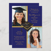 DARK Blue & Gold Photo Afstuderen Invitation Kaart (Voorkant / Achterkant)