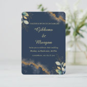 Dark Blue Gold Watercolor Wash Modern Wedding  Kaart (Staand voorkant)