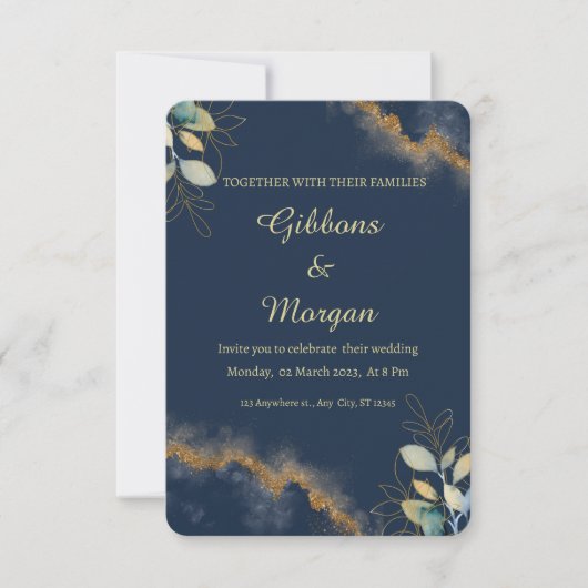 Dark Blue Gold Watercolor Wash Modern Wedding  Kaart (Voorkant)